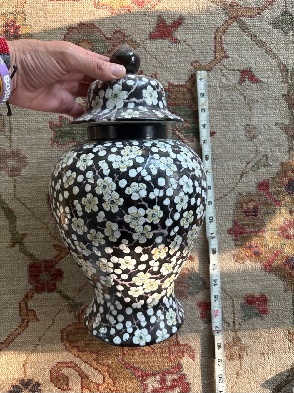 Black Floral Ceramic Ginger Jar Vase with Lid